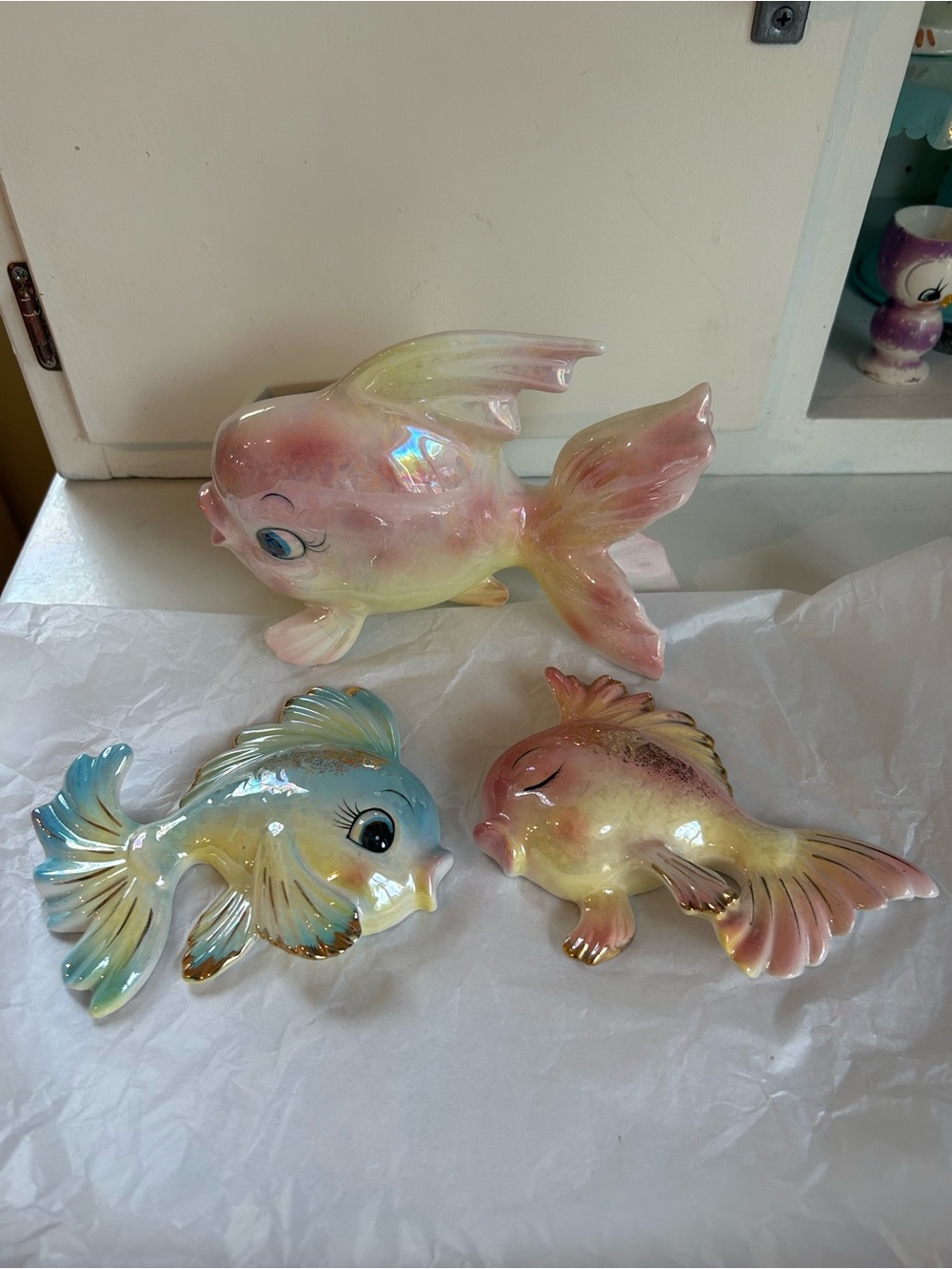 Vintage Norcrest lusterware kitschy fish wall plaques